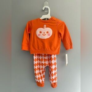 Cat & Jack Baby Halloween Pumpkin Matching Set SZ 12M Orange White Argyle New